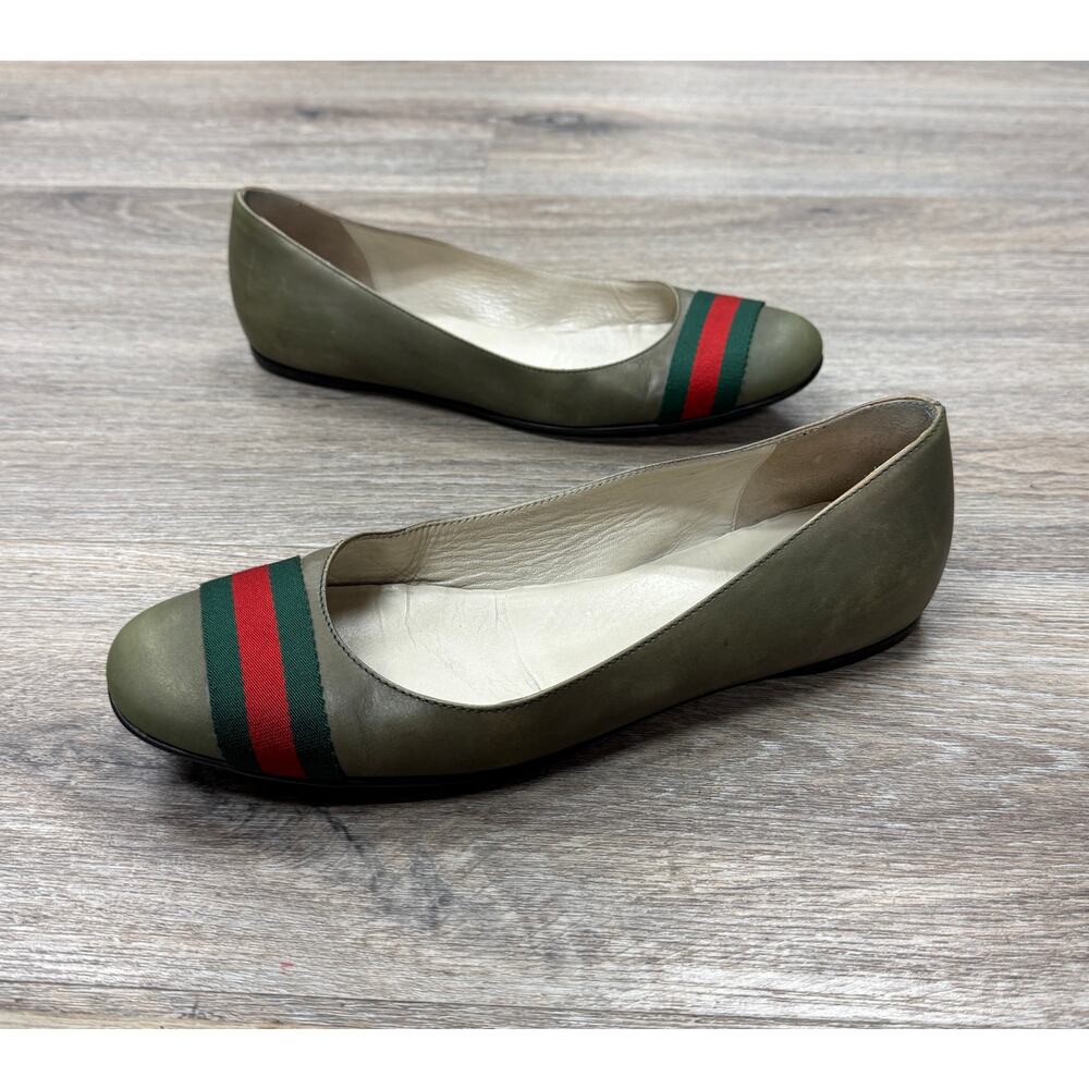 GUCCI Green & Red Leather Ballet Flats Round Striped Toe Ballet Shoes Sz. 39